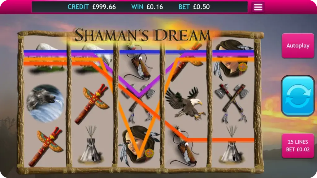 Shamans Dream free spins and wild multiplier with UK flag